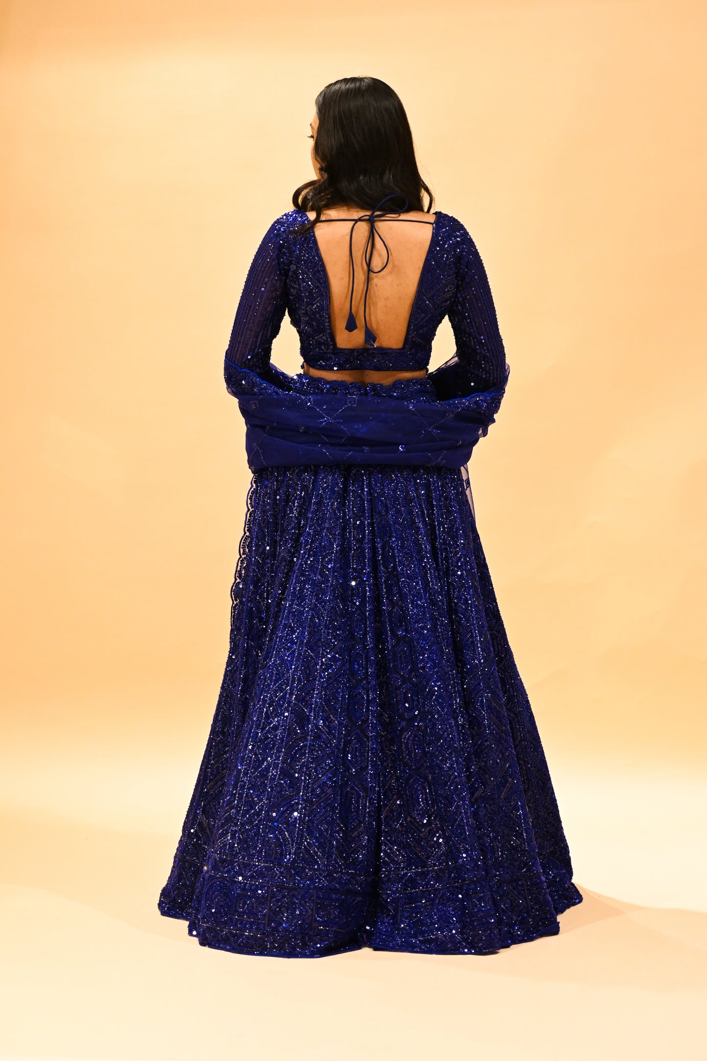 ROYAL BLUE SEQUINS EMBROIDERED LEHENGA WITH CROP TOP & NET DUPATTA