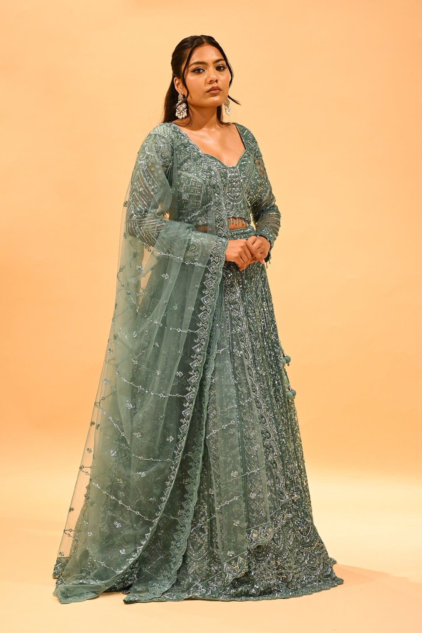 TEAL GREEN SEQUIN EMBROIDERED READY-TO-WEAR LEHENGA WITH CROP TOP & DUPATTA