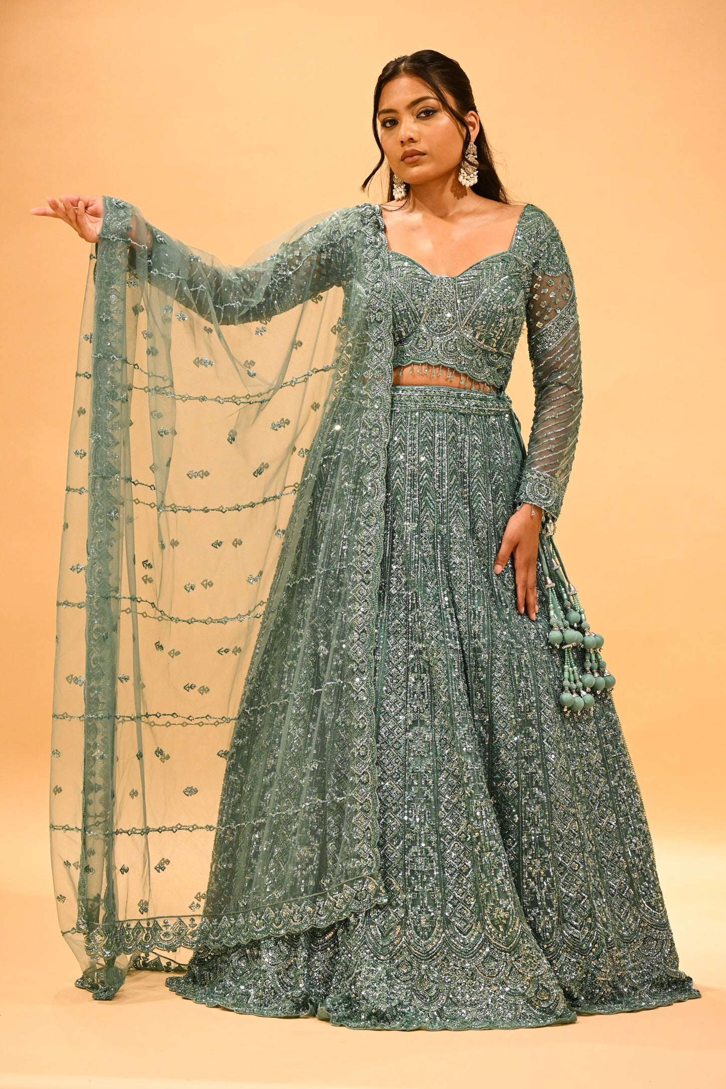 TEAL GREEN SEQUIN EMBROIDERED READY-TO-WEAR LEHENGA WITH CROP TOP & DUPATTA