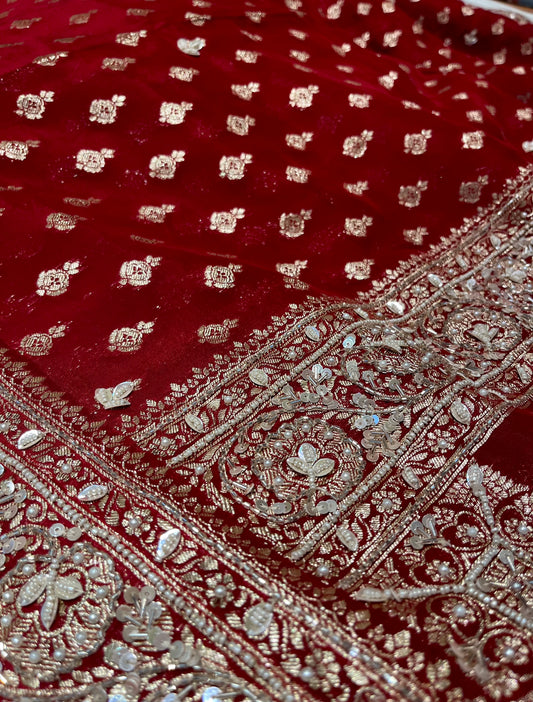 RED ORGANZA BANARASI EMBROIDERED SAREE EITT BEADS & SEQUINS WORK