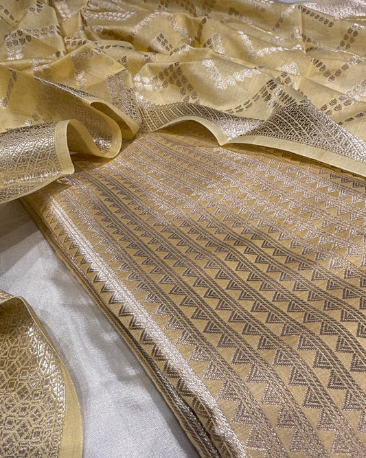 PASTEL YELLOW COLOUR CHANDERI UNSTITCHED SUIT SET (2 PIECE -KURTA & DUPATTA)