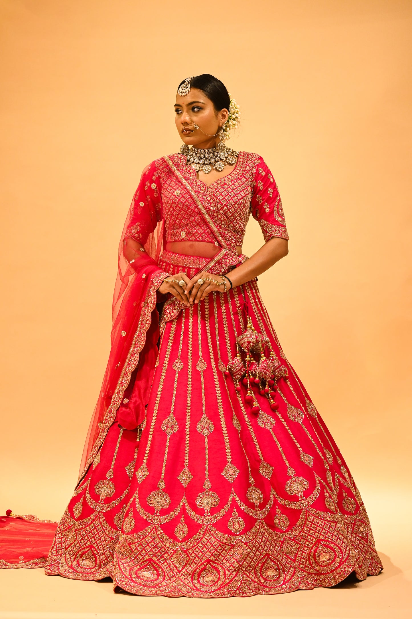 RANI HAND-EMBROIDERED BRIDAL LEHENGA WITH READYMADE BLOUSE, NET DUPATTA & EMBROIDERED TASSELS