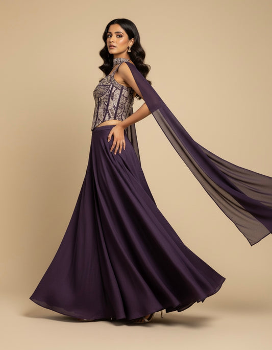 PURPLE CHINON PALAZZO PANT WITH BEADS & CUTDANA EMBELLISHED CORSET BLOUSE AND DUPATTA