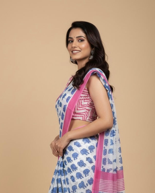 WHITE COTTON PRINTED SAREE