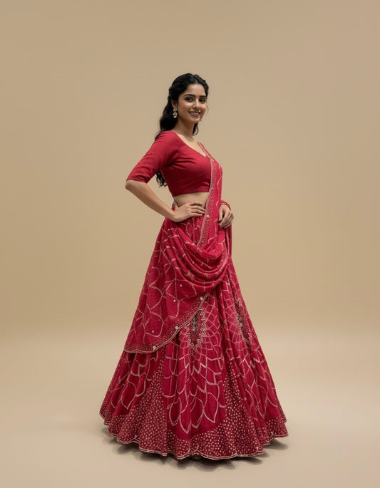 SHADED RED GEORGETTE BANDHANI LEHENGA EMBELLISHED WITH GOTA WORK