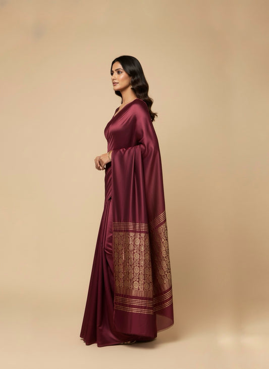 BURGUNDY COLOUR MODAL SILK SATIN SAREE WITH BANARASI PALLA