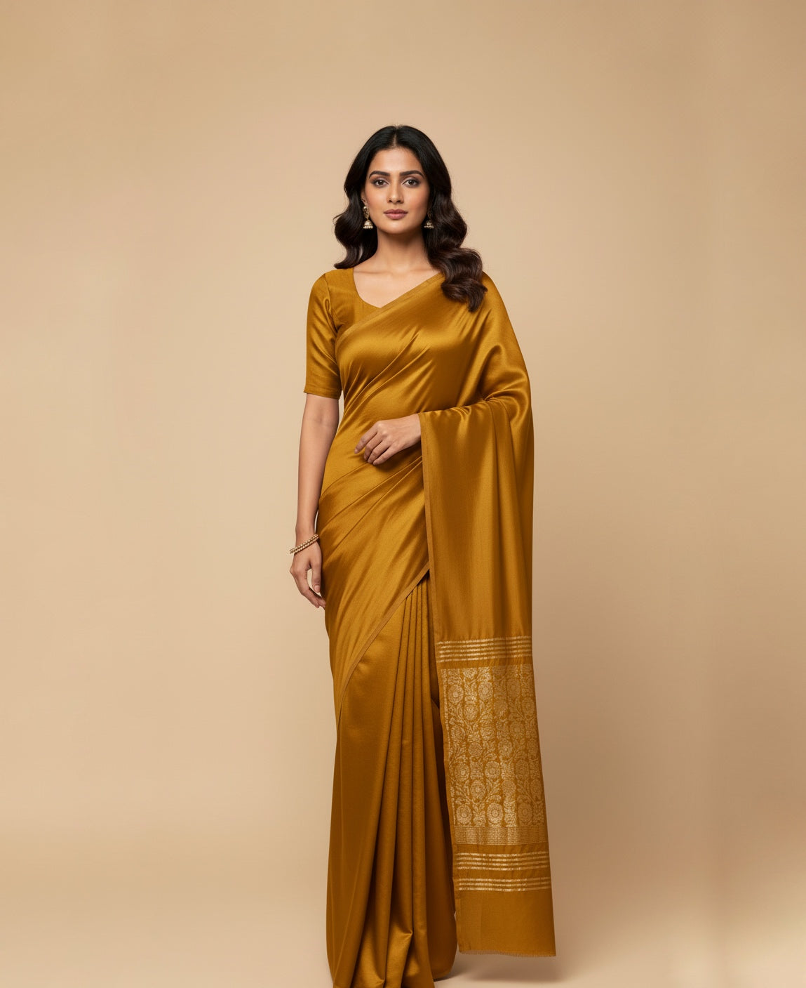 MUSTARD COLOUR MODAL SILK SATIN SAREE WITH BANARASI PALLA