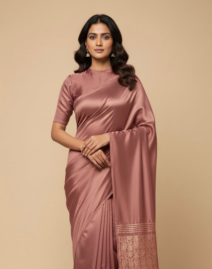 TURKISH ROSE COLOUR MODAL SILK SATIN SAREE WITH BANARASI PALLA