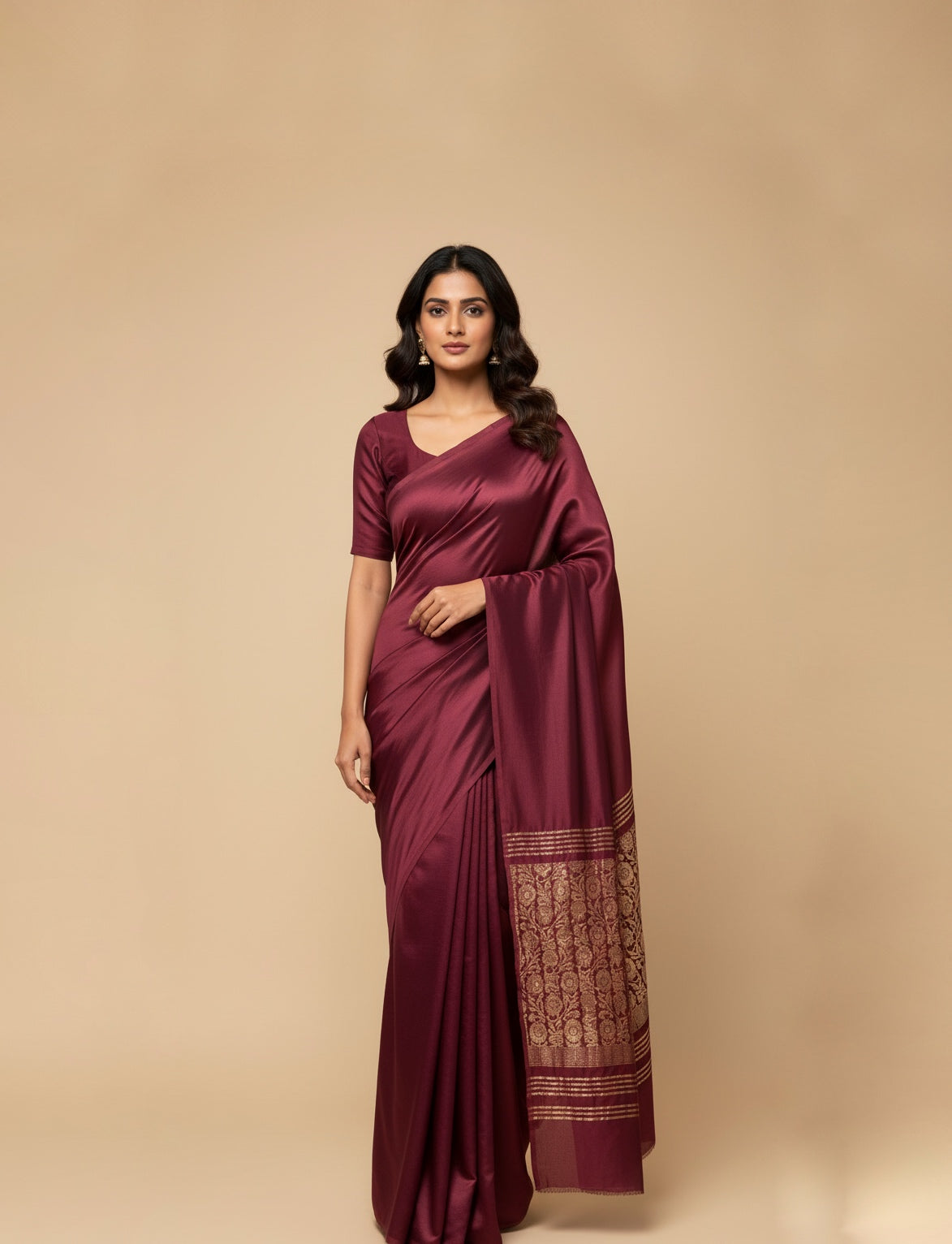 BURGUNDY COLOUR MODAL SILK SATIN SAREE WITH BANARASI PALLA