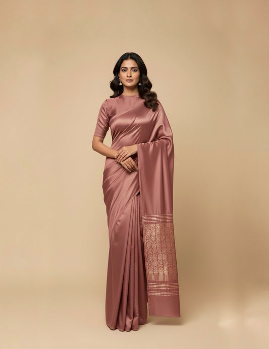 TURKISH ROSE COLOUR MODAL SILK SATIN SAREE WITH BANARASI PALLA