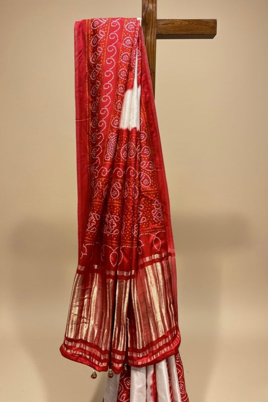 WHITE AND RED SATIN SILK BANDHANI SAREE WITH GAJI SILK PALLA
