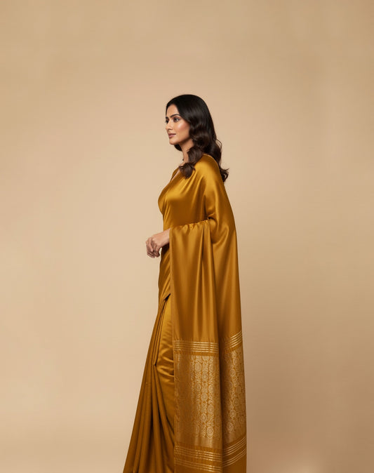 MUSTARD COLOUR MODAL SILK SATIN SAREE WITH BANARASI PALLA