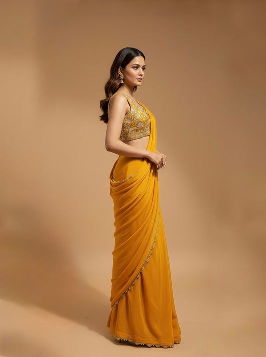 MARIGOLD COLOUR SAREE WITH ZARI & PEARL SCALLOP BORDER AND ZARI EMBROIDERED BLOUSE