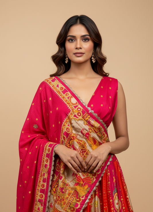 RED COLOUR PRINTED SILK LEHENGA (DELIVERY IN 20 DAYS)