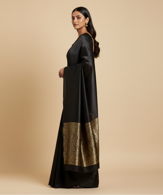 BLACK COLOUR MODAL SILK SATIN SAREE WITH BANARASI PALLA