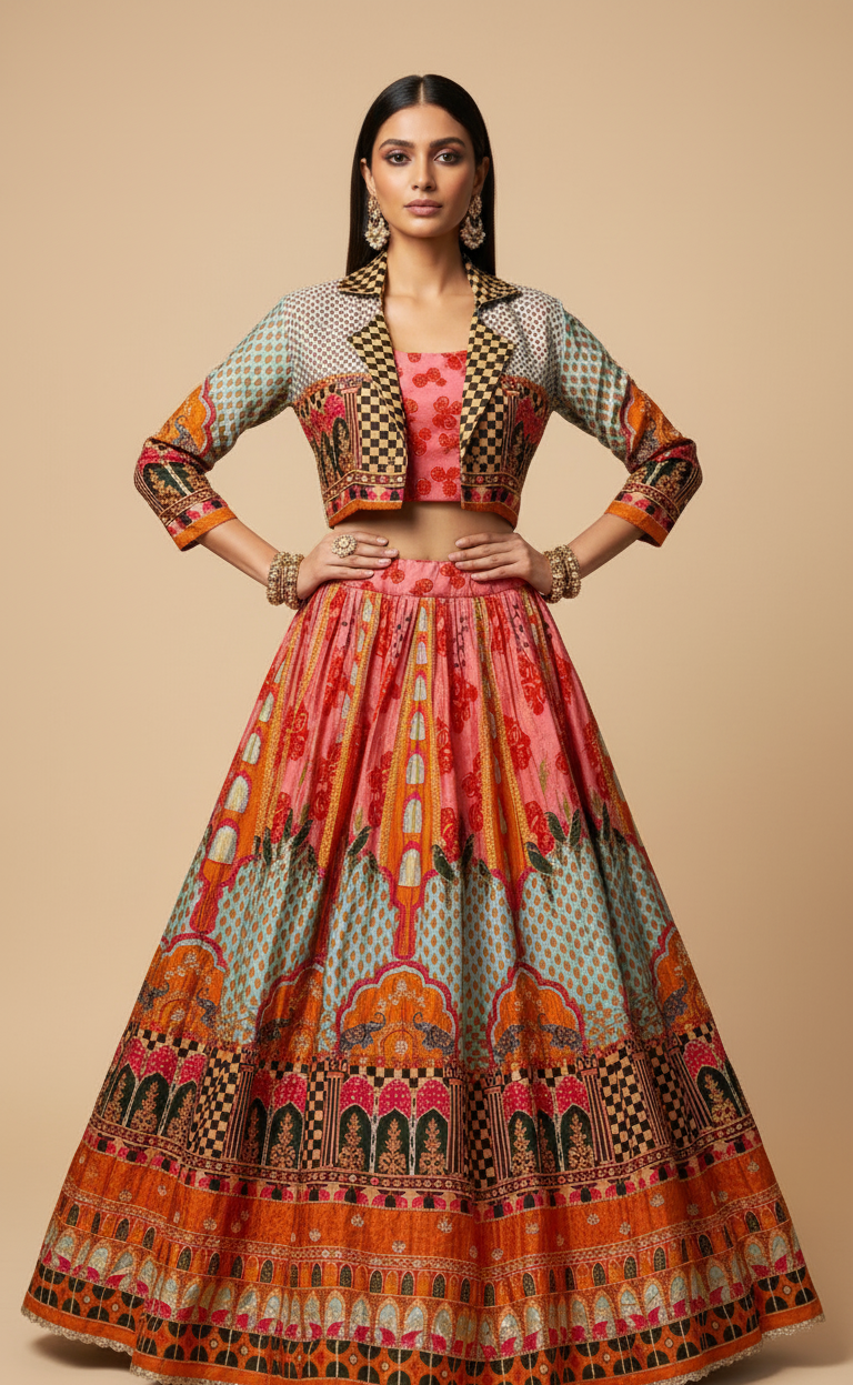 MULTICOLOUR SILK ABSTRACT PRINTED LEHENGA WITH JACKET