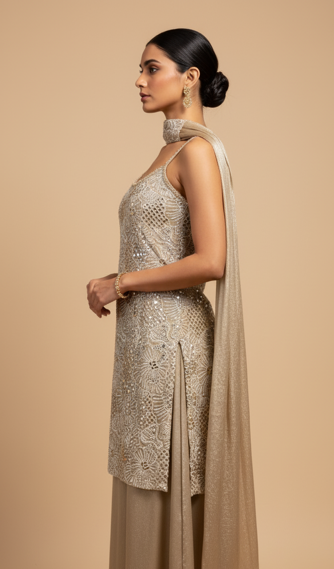 DUSTY BEIGE CUTWORK SLEEVELESS SUIT WITH PALAZZO