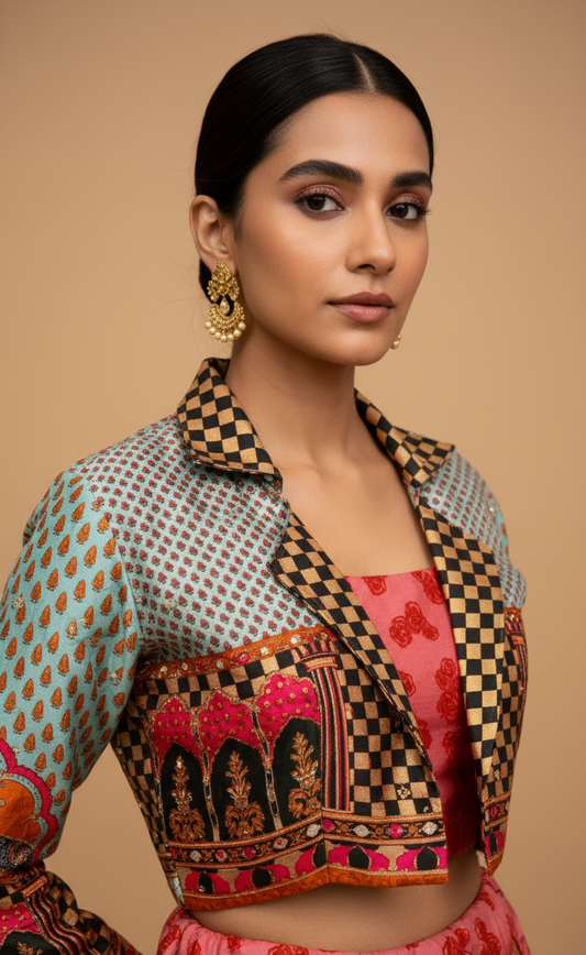 MULTICOLOUR SILK ABSTRACT PRINTED LEHENGA WITH JACKET