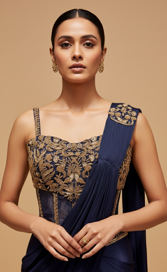 NAVY BLUE CHINON DRAPED SAREE WITH EMBROIDERED CORSET BLOUSE ( DELIVERY IN 20 DAYS)