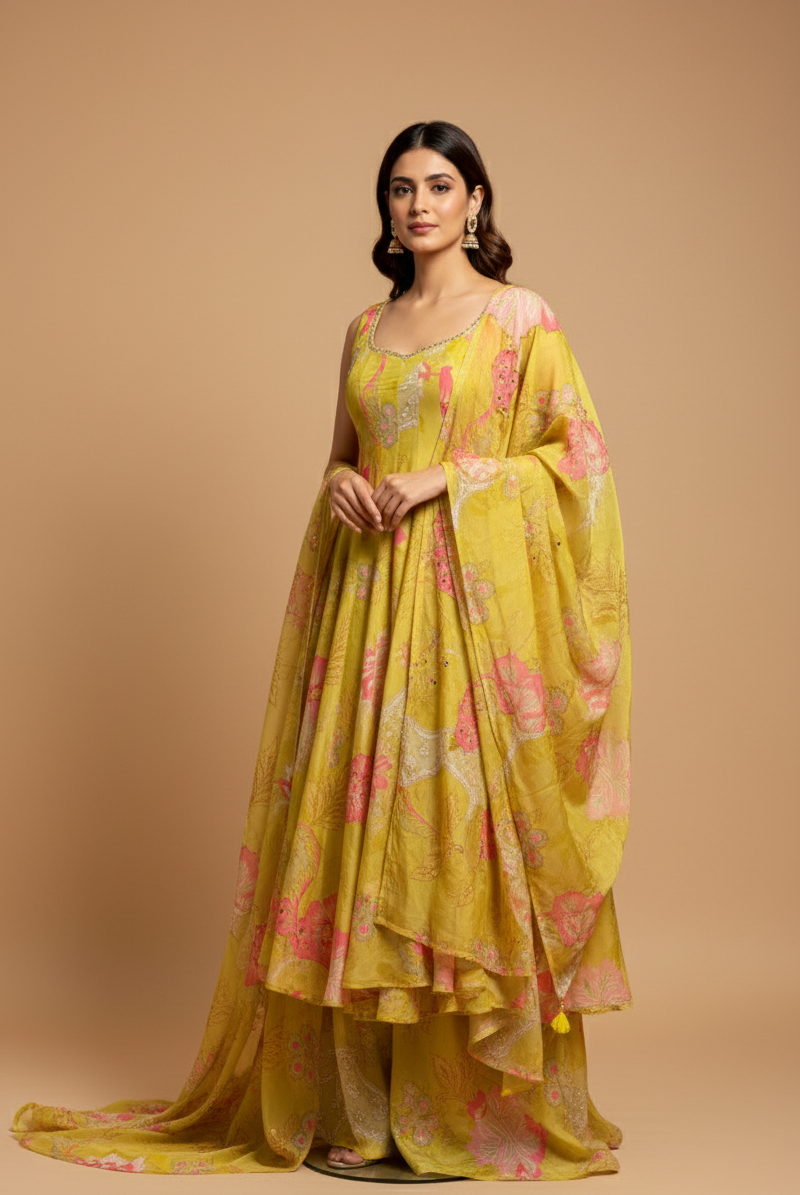 PISTA GREEN FLORAL ORGANZA SUIT