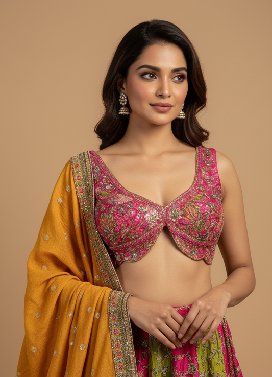 RANI PINK AND OLIVE GREEN KASAB EMBROIDERED SILK LEHENGA WITH BANARASI BROCADE BLOUSE AND MUSTARD DUPATTA