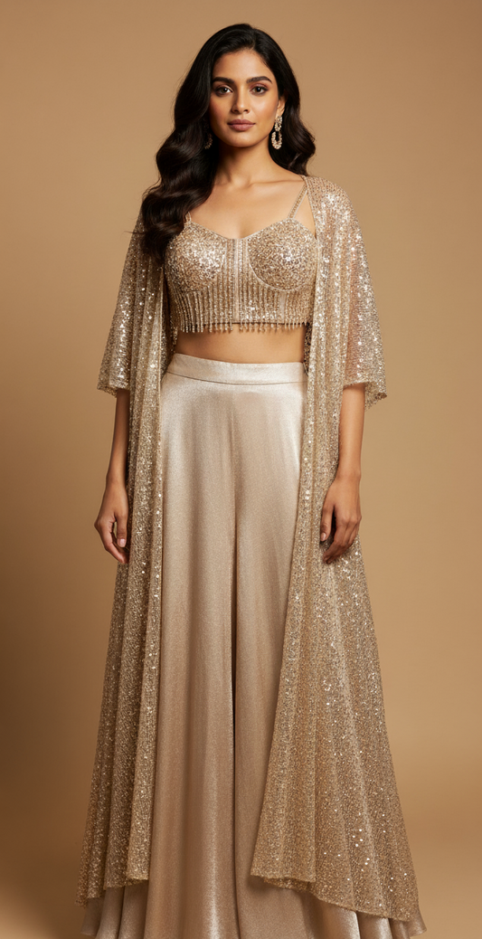 CHAMPAGNE GOLD PALAZZO WITH SEQUIN EMBELLISHED CROP TOP & SHRUG