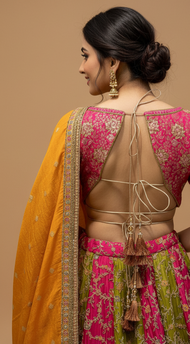 RANI PINK AND OLIVE GREEN KASAB EMBROIDERED SILK LEHENGA WITH BANARASI BROCADE BLOUSE AND MUSTARD DUPATTA