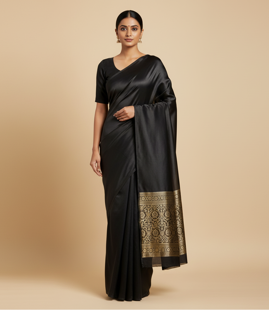 BLACK COLOUR MODAL SILK SATIN SAREE WITH BANARASI PALLA