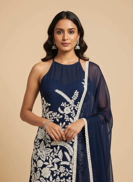 DARK BLUE EMBROIDERED READYMADE SUIT WITH PALAZZO & DUPATTA ( DELIVERY IN 20 DAYS )