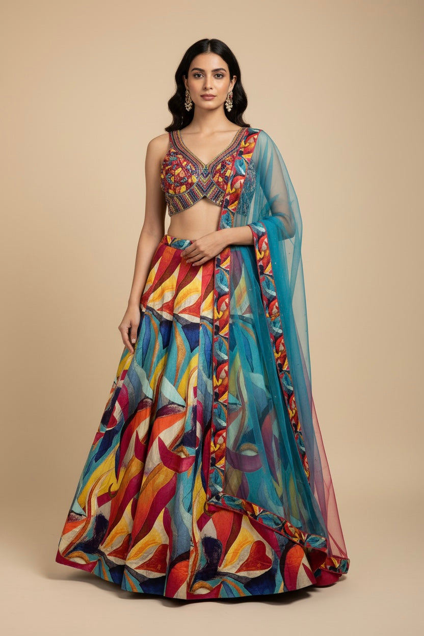 MULTICOLOURED DOLA SILK LEHENGA WITH NET DUPATTA AND CUTDANA & SEQUINS EMBELLISHED BLOUSE