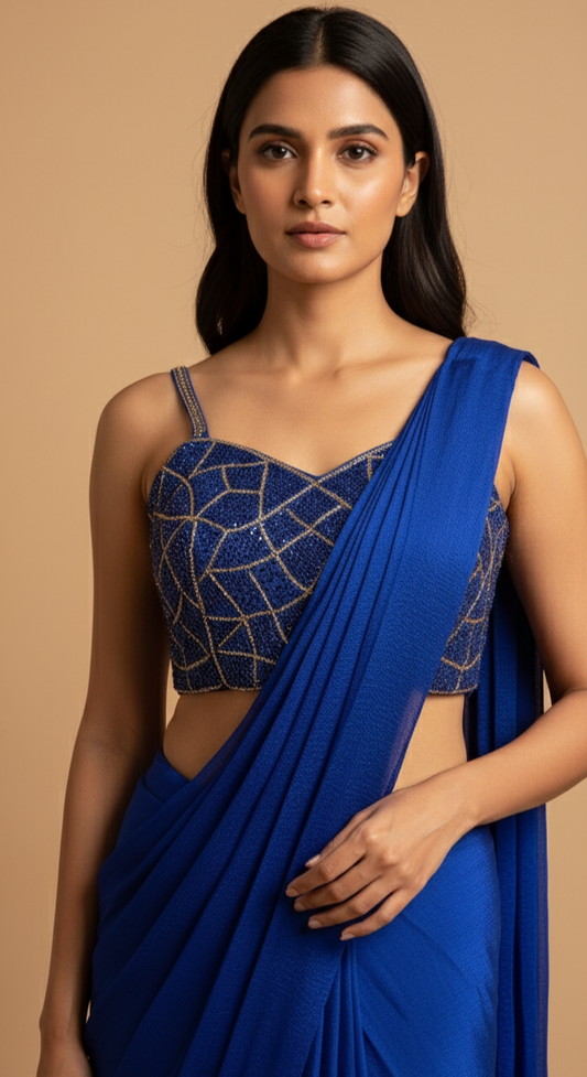 ROYAL BLUE CHINON READYMADE SAREE WITH BEADS EMBROIDERED BLOUSE