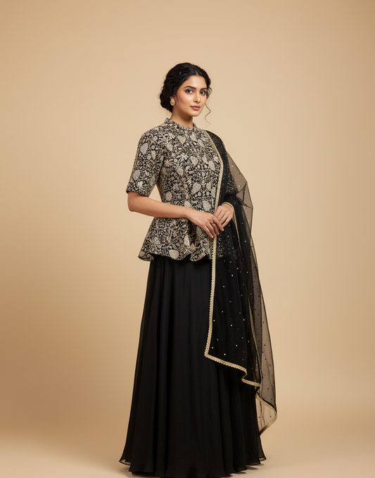 BLACK EMBROIDERED PEPLUM JACKET WITH CHINON PALAZZO AND NET DUPATTA