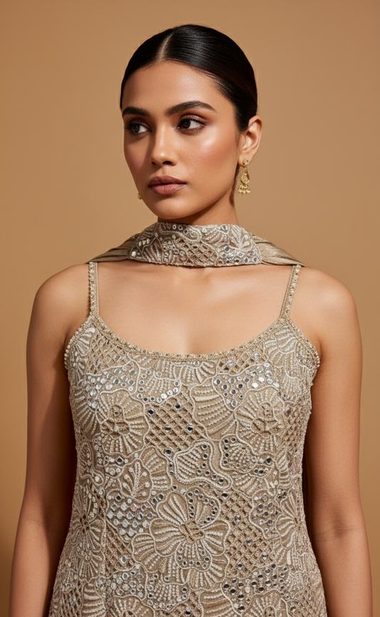 DUSTY BEIGE CUTWORK SLEEVELESS SUIT WITH PALAZZO ( DELIVERY IN 20-25 DAYS )