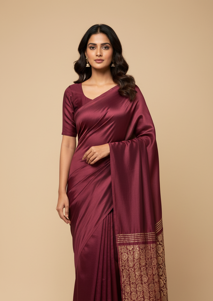 BURGUNDY COLOUR MODAL SILK SATIN SAREE WITH BANARASI PALLA