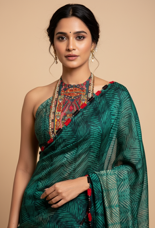 SHIBORI PRINTED GREEN CREPE SAREE WITH MULTICOLOURED EMBROIDERED BLOUSE (DELIVERY IN 50 DAYS)