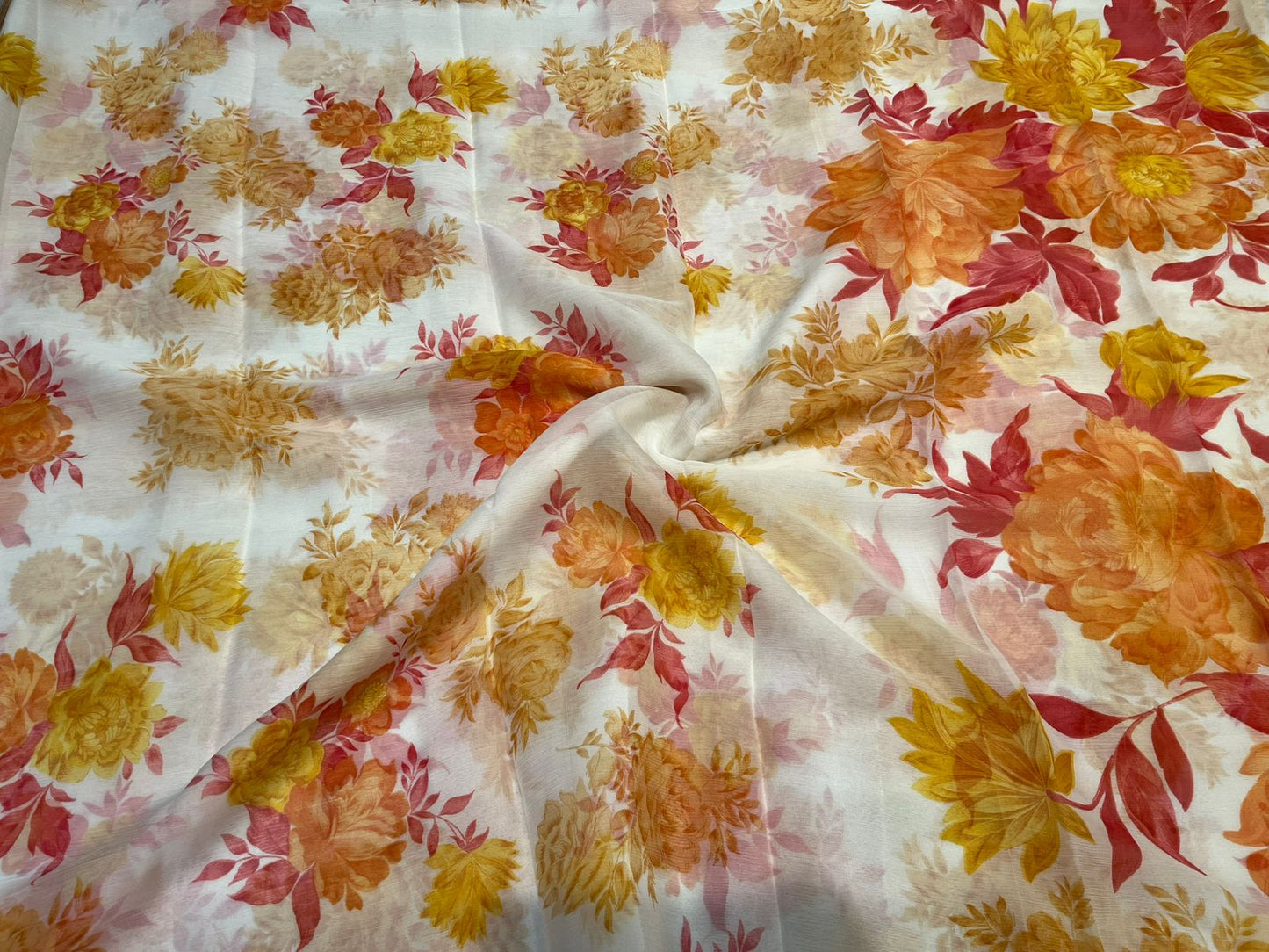 WHITE PRINTED PURE PLATINUM CHIFFON SAREE WITH CONTRAST MUSTARD BLOUSE