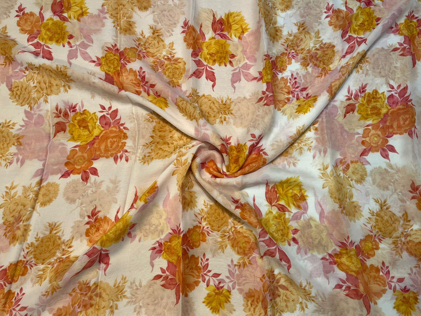 WHITE PRINTED PURE PLATINUM CHIFFON SAREE WITH CONTRAST MUSTARD BLOUSE