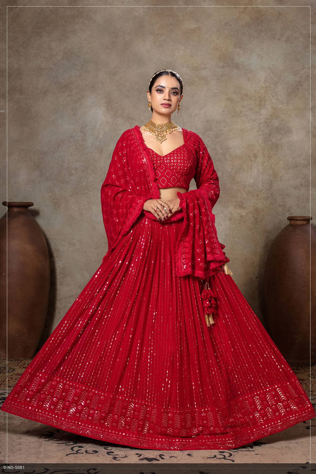 RED GEORGETTE LUCKNOWI READYMADE LEHENGA ( DELIVERY IN 20 DAYS )