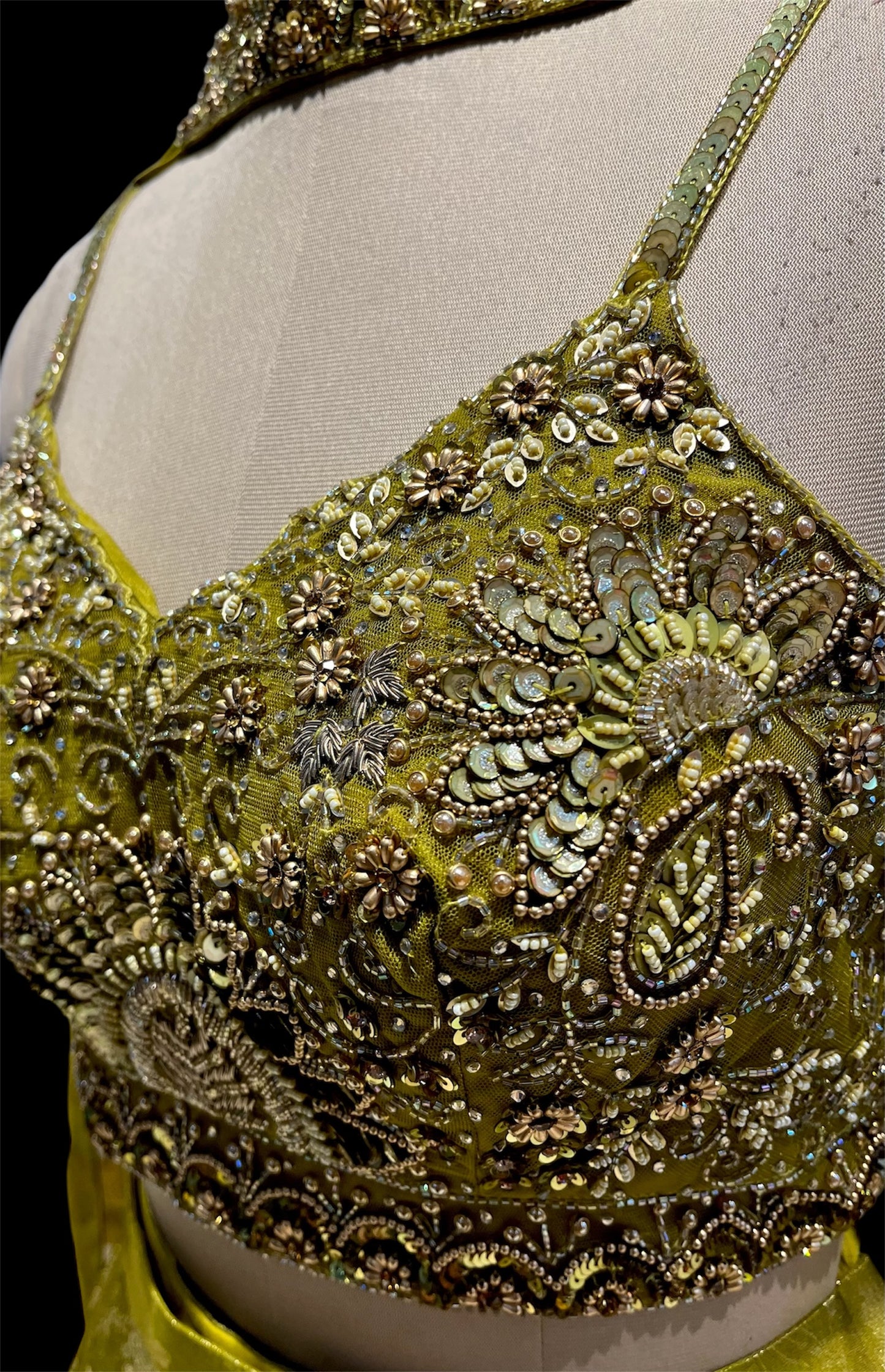 MEHENDI GREEN BROCADE TISSUE PALAZZO PANT WITH BEADS & SEQUINS EMBELLISHED CROP TOP AND DUPATTA