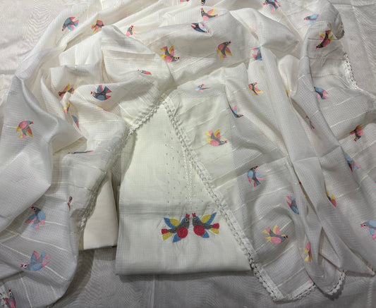 OFF WHITE KOTA DORIYA UNSTITCHED SUIT WITH RESHAM EMBROIDERED BIRD MOTIFS DUPATTA AND BEAD WORK KURTA