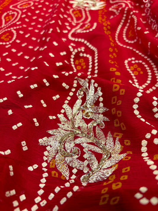 ( DELIVEY IN 15-20 DAYS ) RED CHIFFON BANDHANI SAREE WITH AARI ZARI EMBROIDERY MOTIFS