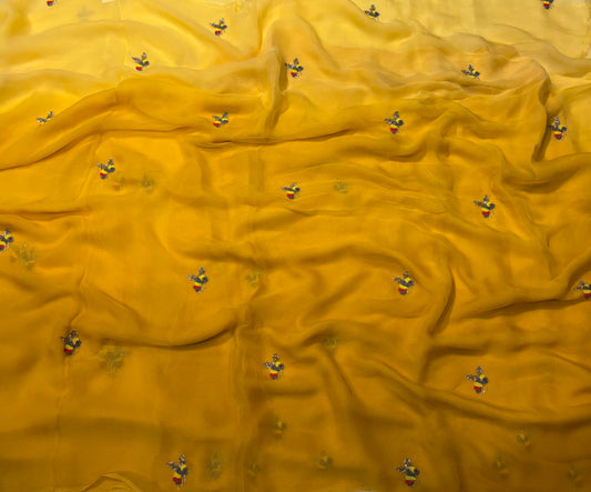 YELLOW SHADED CHIFFON SAREE WITH BEADED HONEY BEE MOTIFS (DELIVERY IN 20 DAYS)