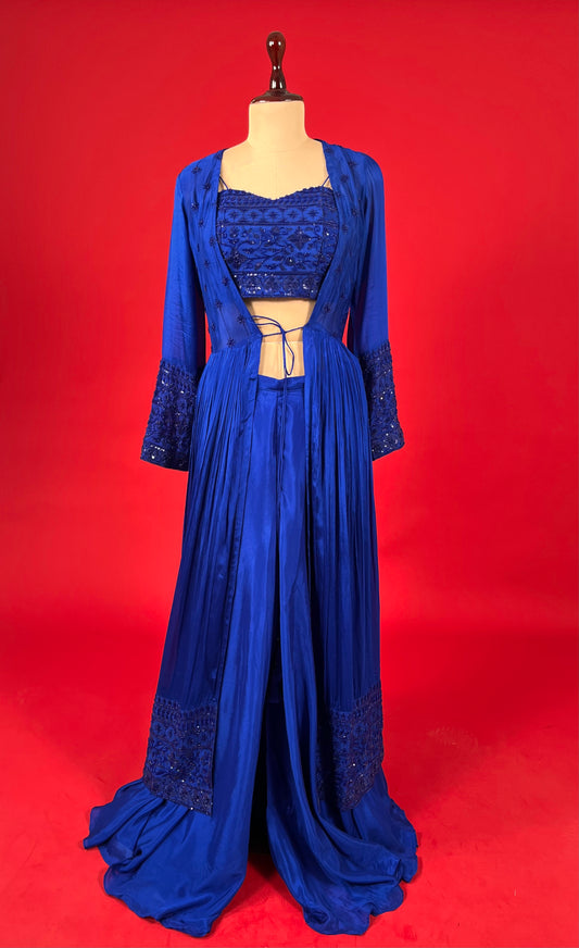 ( DELIVERY IN 25 DAYS ) BLUE COLOUR CHINON PALAZZO PANT WITH CROP TOP & SHRUG EMBELLISHED WITH CUTDANA & SEQUINS WORK