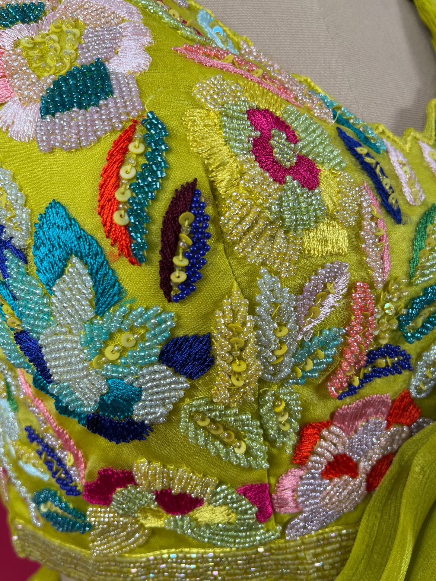 PARROT GREEN COLOUR CHINON READYMADE SAREE WITH READYMADE EMBROIDERED BLOUSE EMBELLISHED WITH BEADS & RESHAM WORK
