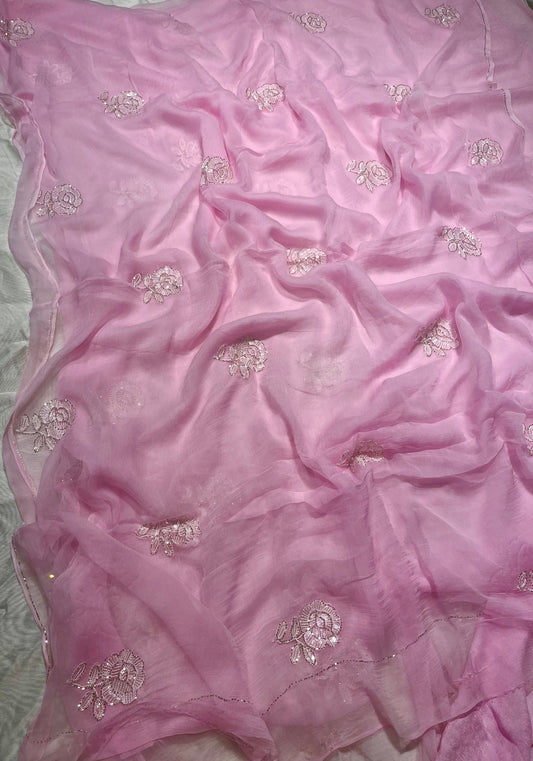 PINK COLOUR CHIFFON EMBROIDERED SAREE EMBELLISHED WITH CUTDANA & SEQUINS WORK