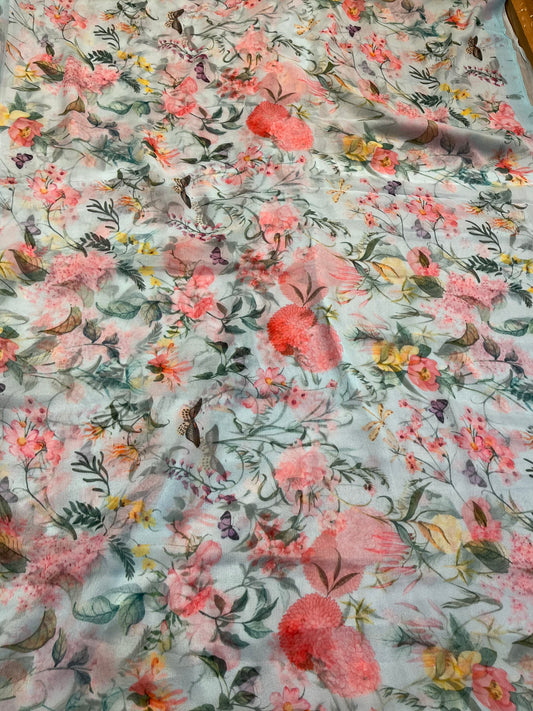 PASTEL BLUE COLOUR CHIFFON FLORAL PRINTED SAREE WITH CHINON BLOUSE ( DELIVERY IN 30 DAYS ) - Kothari Sons