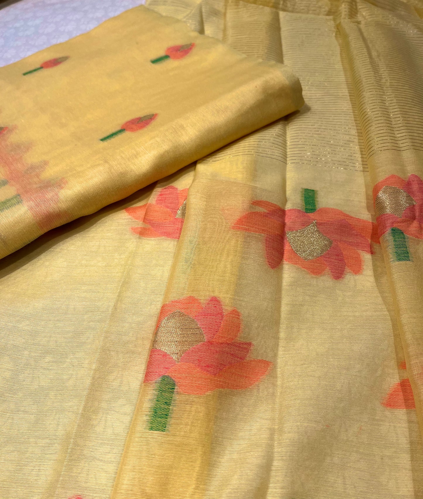 YELLOW COLOUR TANT DHAKAI JAMDANI UNSTITCHED SUITS (DRESS MATERIAL )