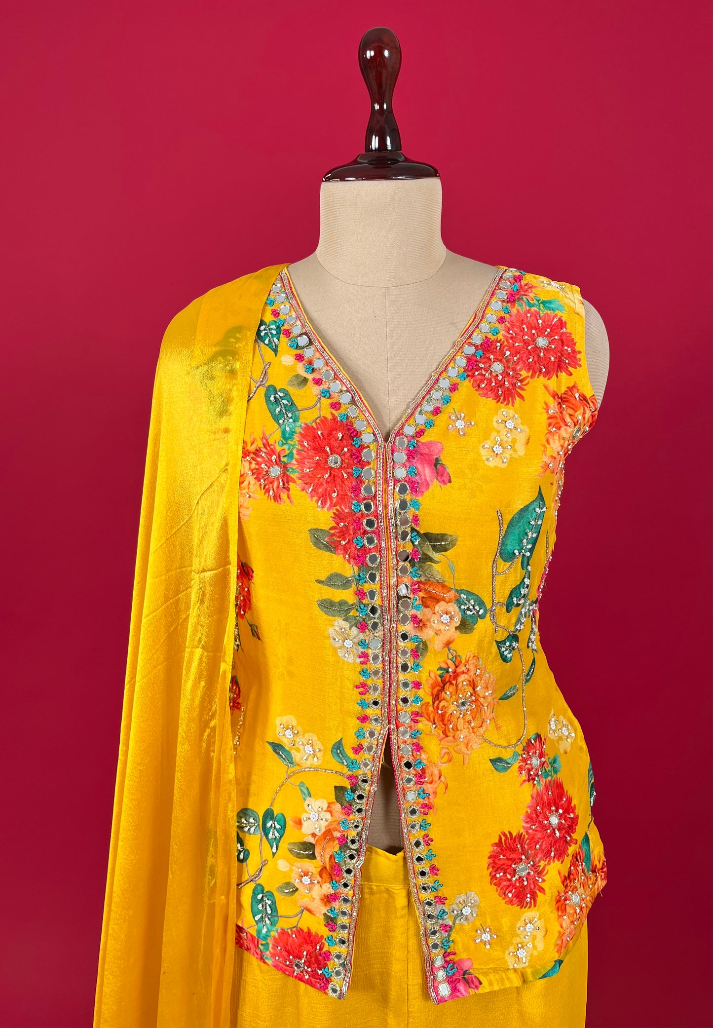 YELLOW COLOUR CHINON PALAZZO PANT WITH EMBROIDERED KURTA EMBELLISHED WITH MIRROR WORK