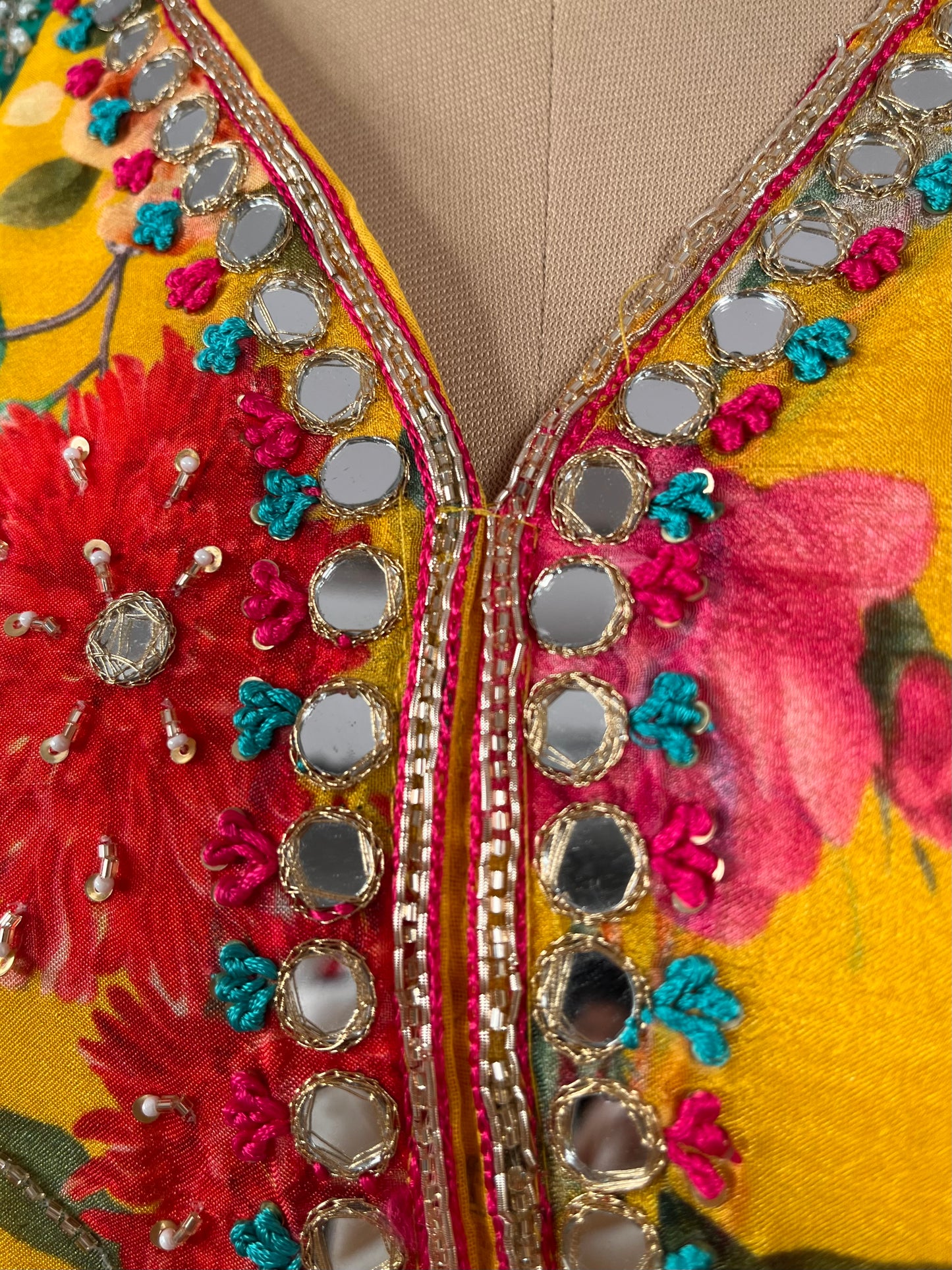 YELLOW COLOUR CHINON PALAZZO PANT WITH EMBROIDERED KURTA EMBELLISHED WITH MIRROR WORK