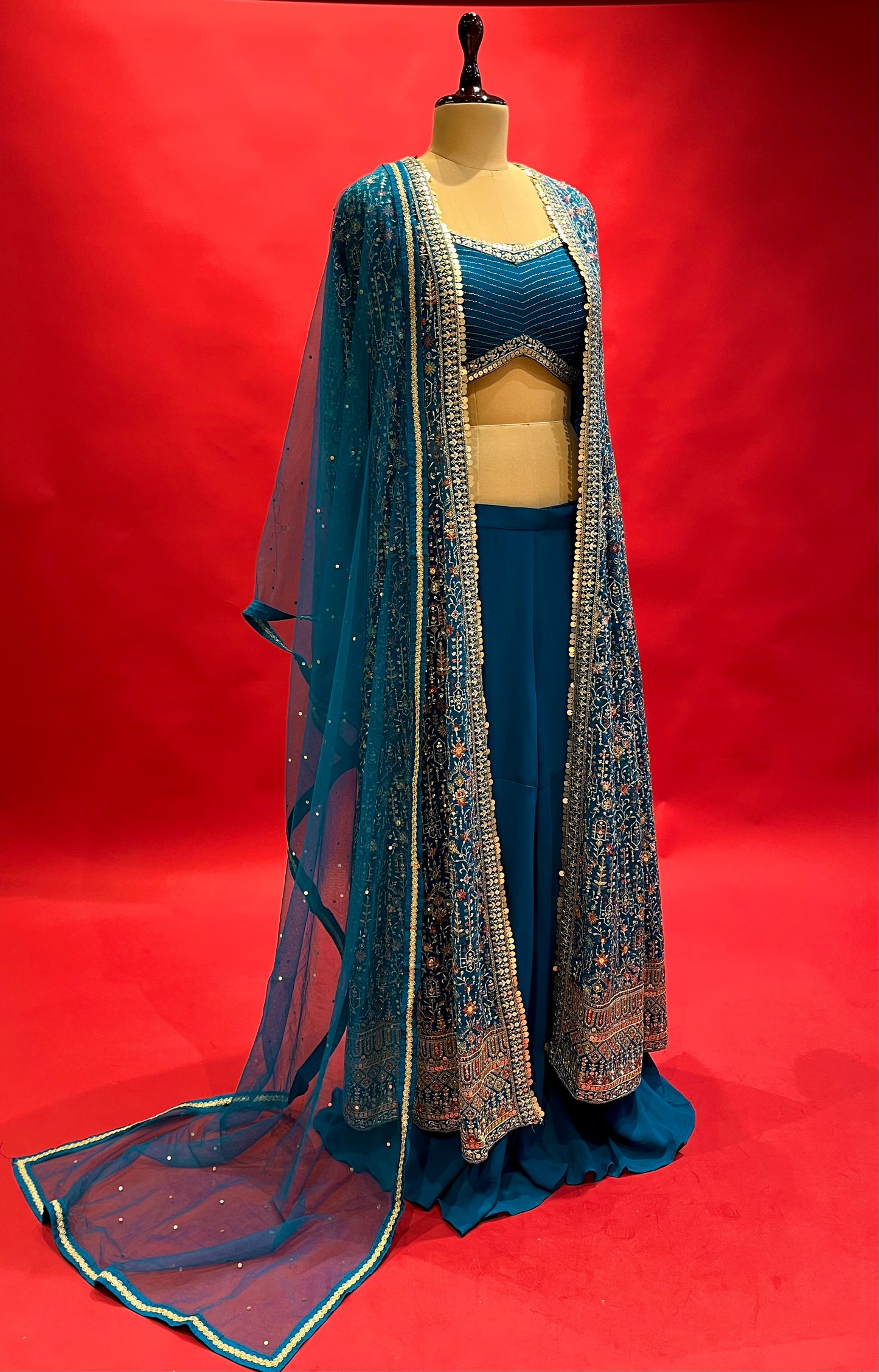 FIROZI COLOUR GEORGETTE PSLAZZO PANT WITH CROP TOP BLOUSE & EMBROIDERED SHRU EMBELLISHED SITH ZARI & SEQUINS WORK